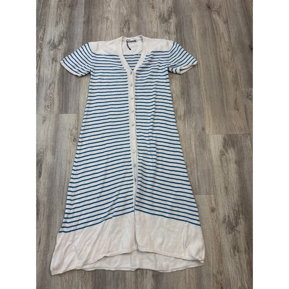 Zara Womens Blue‎ White Striped Cotton Knit Button Front Midi Dress Small